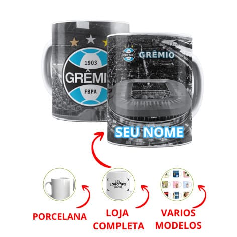 Caneca Grêmio Personalizada 325ml em Porcelana Estádio Arena + Seu Nome - Presente Criativo
