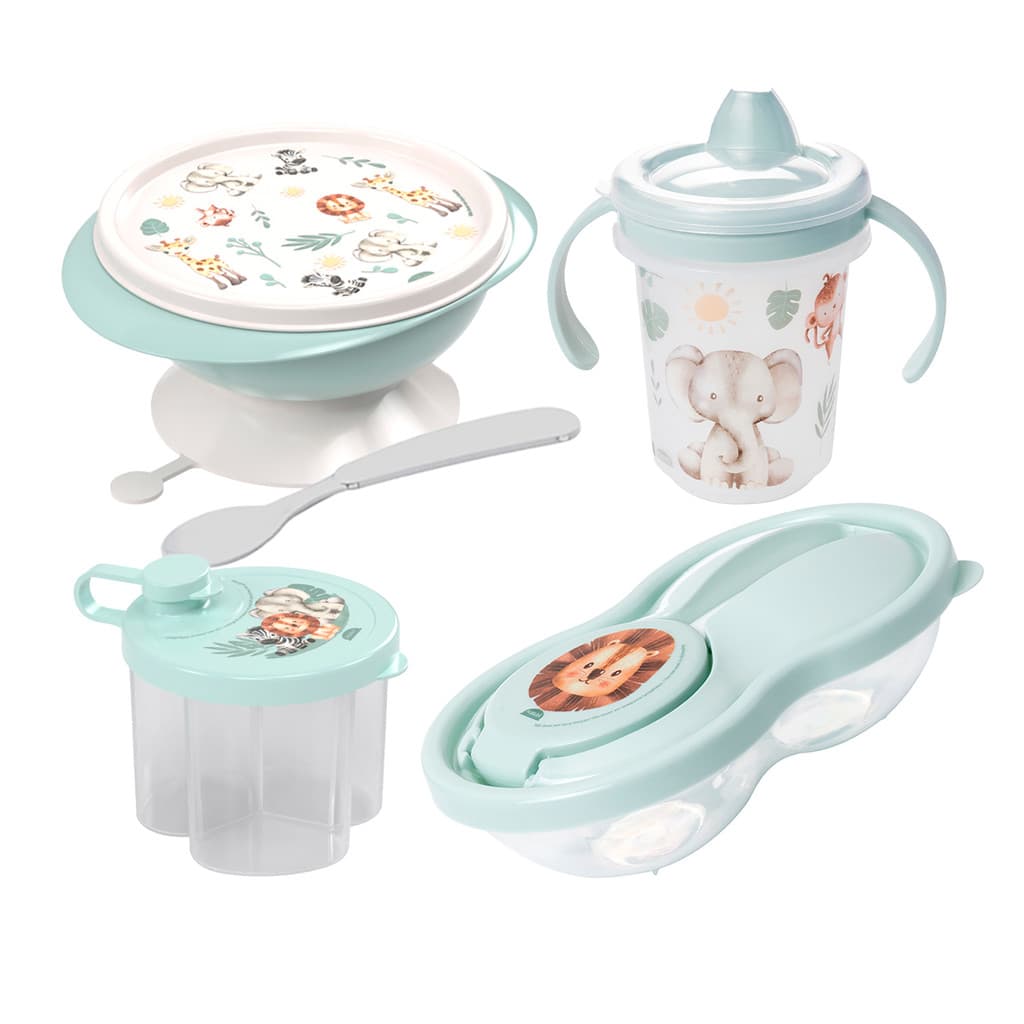 Kit Alimentação Bebê Safari 4pçs Tigela Ventosa Pote Papinha Caneca E Dosador Leite