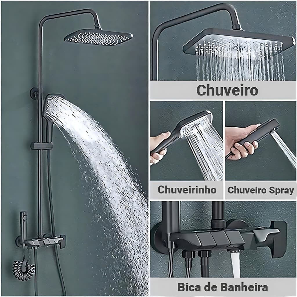 Chuveiro Ducha 4 Saídas Misturador Termostato Digital Grafit Com Temperatura e 4 Funções Chave de Piano