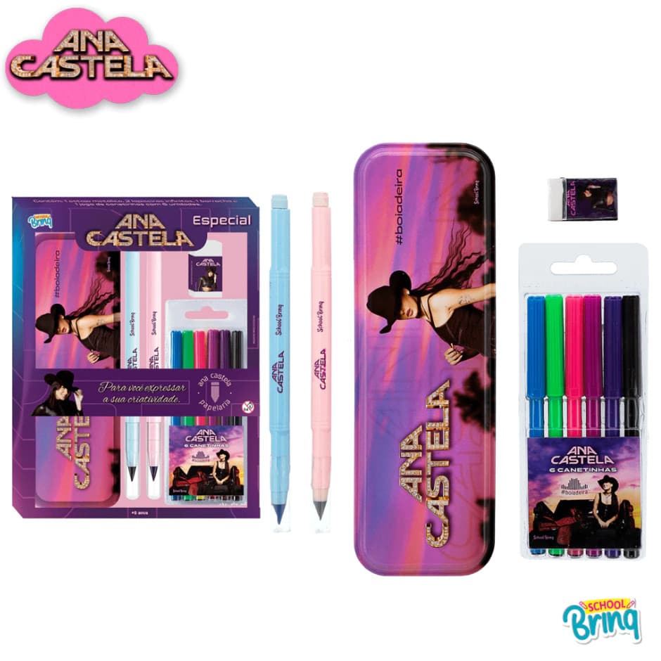 KIT PAPELARIA ESPECIAL ANA CASTELA ESTOJO METÁLICO CANETINHAS LAPISEIRA BORRACHA 10 EM 1 INFANTIL MENINA