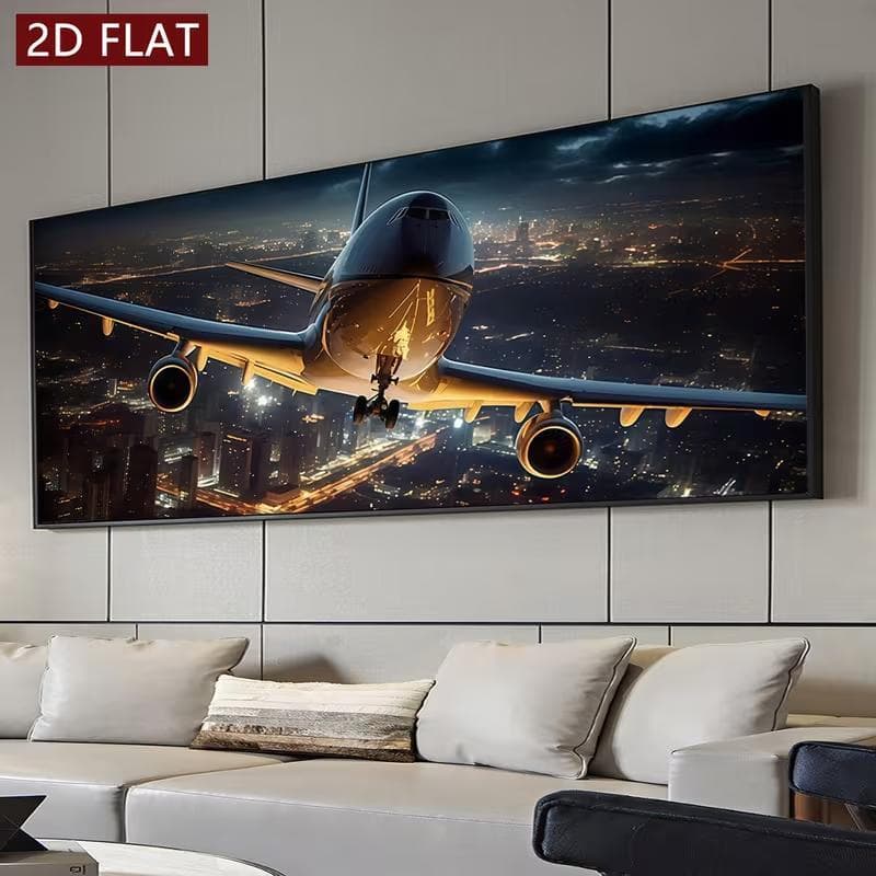 Quadro Decorativo Avião Sobrevoando Cidade Iluminada à Noite