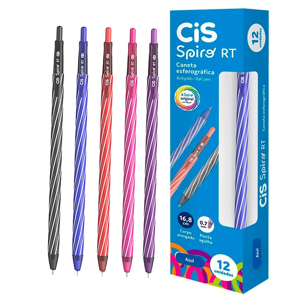 Caneta CIS Spiro Retratil RT 0.7 Fina 12 Unidades Cores Cis