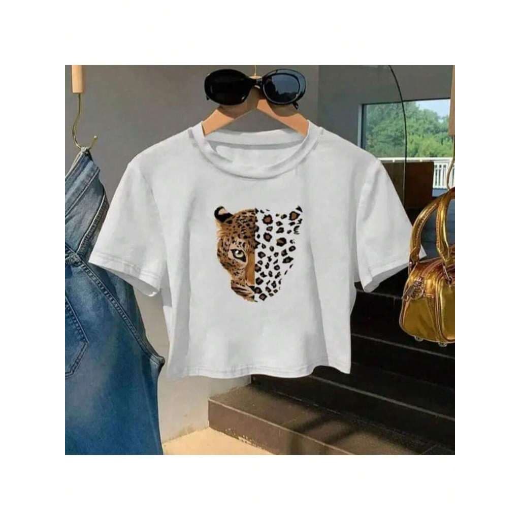 Cropped Feminino Estampa Tigre Gola Redonda Manga Curta Casual