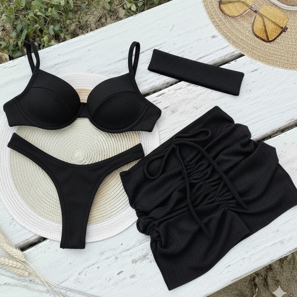 Kit Biquíni Top Meia Taça Calcinha Asa delta Saia e Saida de Praia Ibiza Cor Preto Tamanho P