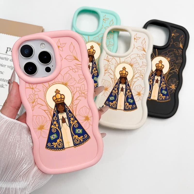 Nossa Senhora Capa Capinha Para iPhone 16 15 14 13 12 11 17 Ar Pro Max XR 16e Silicone Aveludado Ondulado Doce Cor Anti-