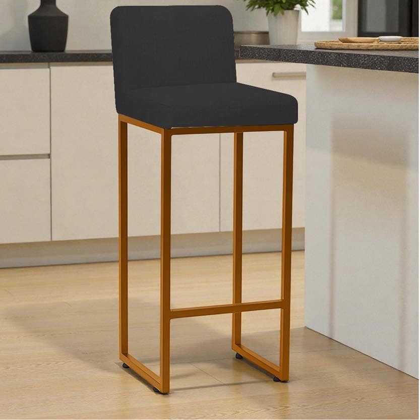 Banqueta Andy Moderna Ferro Bronze Estofado Suede Preto