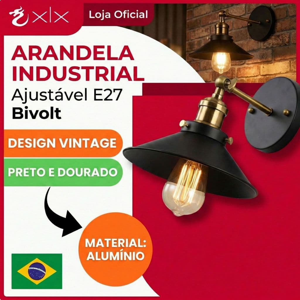 Arandela Industrial Ajustável de parede Vintage Nórdico Retrô Loft Preto Com Dourado 110v/220v
