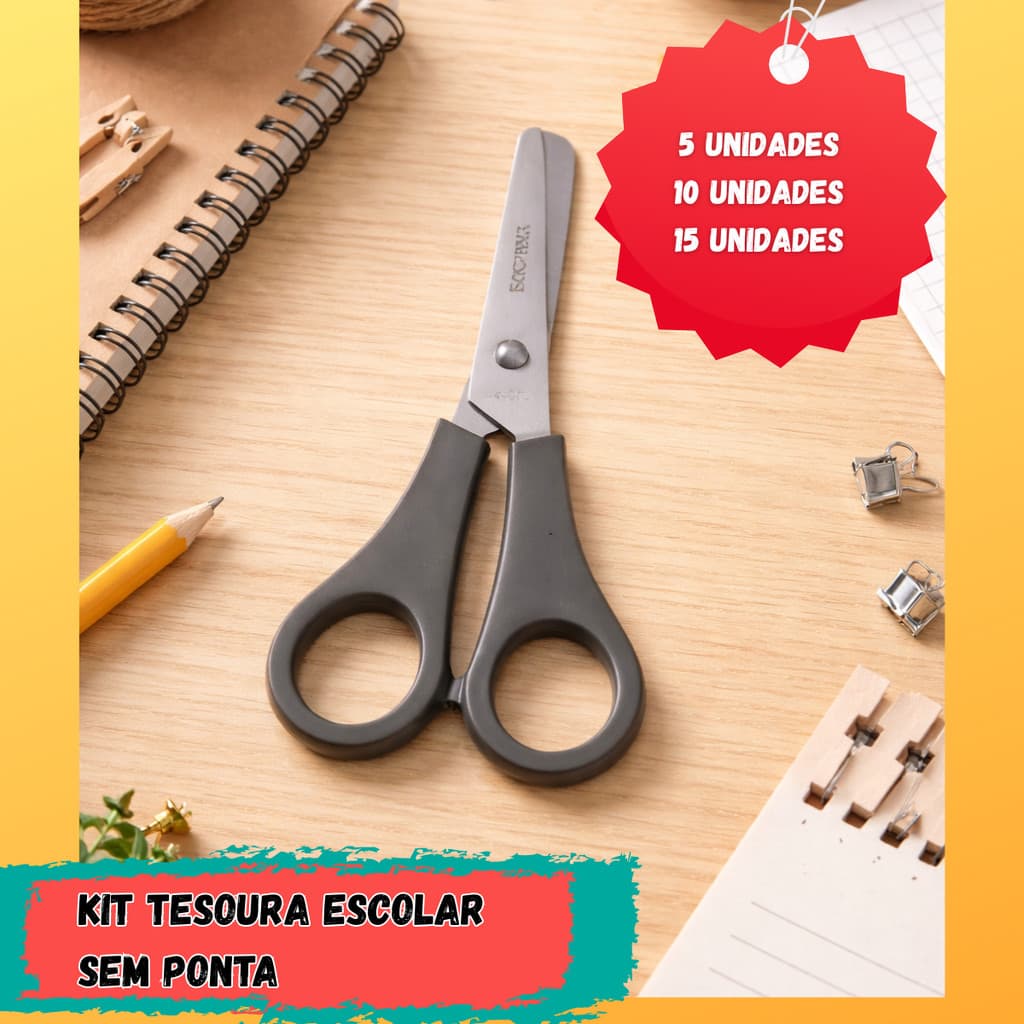 KIT Tesoura Escolar Unissex 13cm Sem Ponta Infantil Para Atividades Pedagógicas Com Régua.