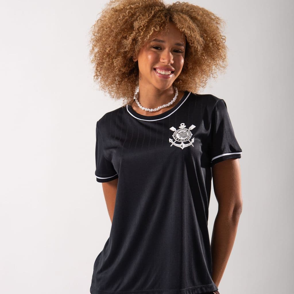 Camiseta Corinthians Feminina Licenciada Braziline Preta Camisa de Time Torcedora Casual Timão Original Premium
