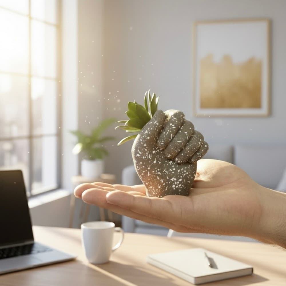 Cachepot Formato Mão Vertical Minimalista Com Planta Artificial Luxo