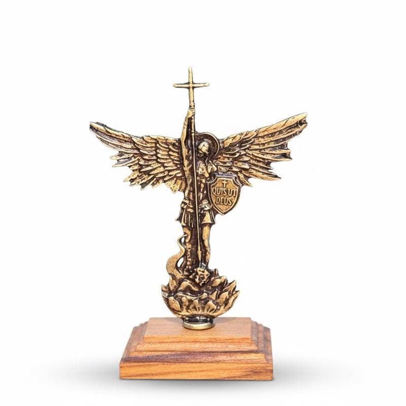 Imagem São Miguel Arcanjo Anjo Bronze Madeira Maciça Enfeite de Mesa Para Oratório