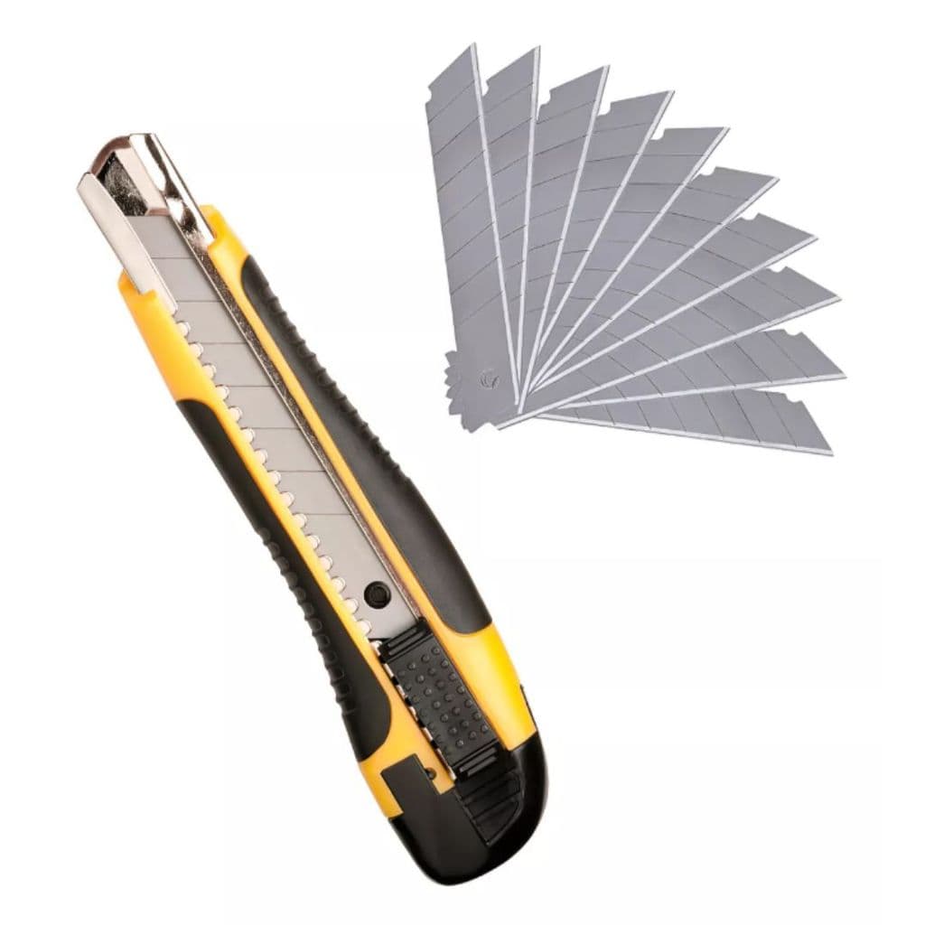 ESTILETE PROFISSIONAL EMBORRACHADO 18MM TRAVA + 10 LAMINAS