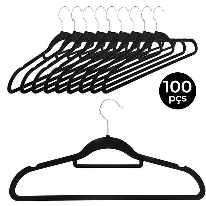 Cabide de Veludo Adulto com Gravateiro 42cm Preto - 100 pecas