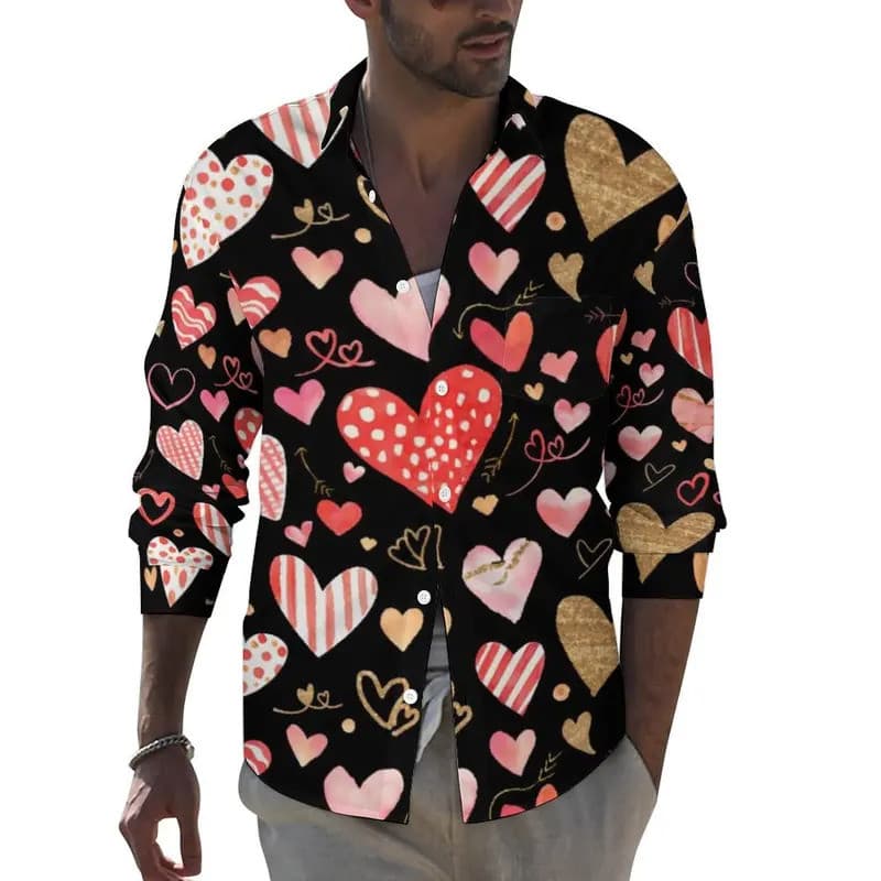 Camisa Masculina de Manga Longa com Estampa Irregular em Forma de Coração, Estilo Casual de Rua, Design Y2k, Solta e Sim