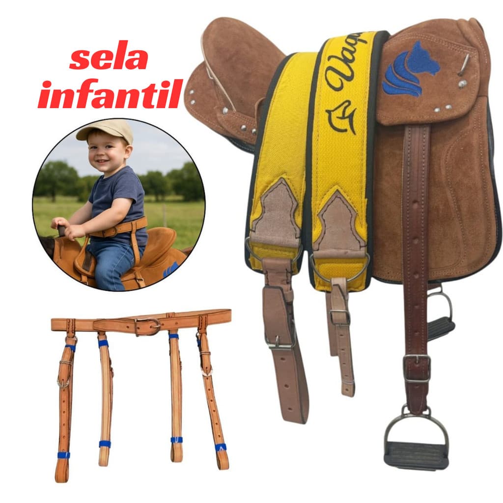 Sela de cavalo vaquejada Infantil C/ Cinto De segurança Para Criança Cavalo 12 Polegada Whisk