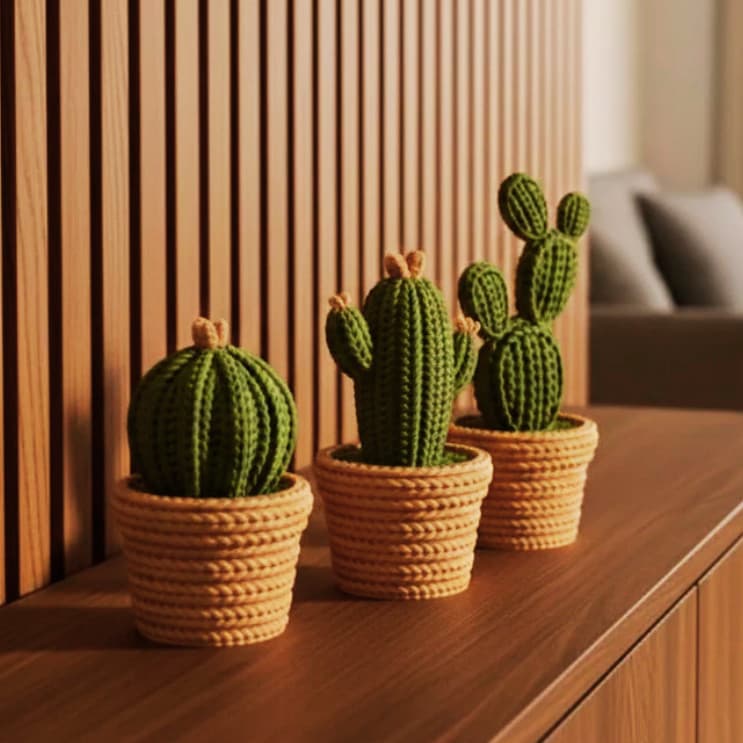 Na sua Casa Kit 3 Cactos em Vaso coração Efeito Tricô Top | Decoração para Sala Minimalista envio hj Planet