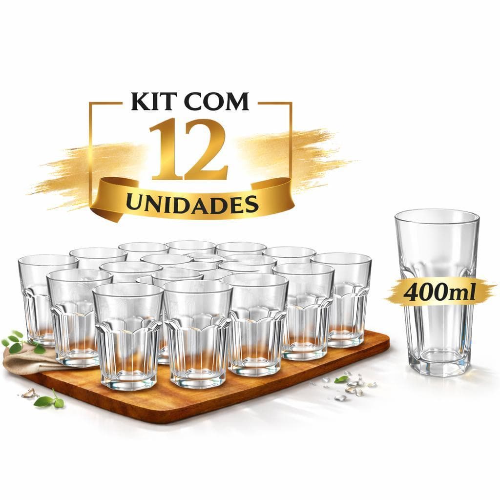 Kit 12 Copos de Vidro 400ml Restaurante Bedidas Sucos Água e Drink