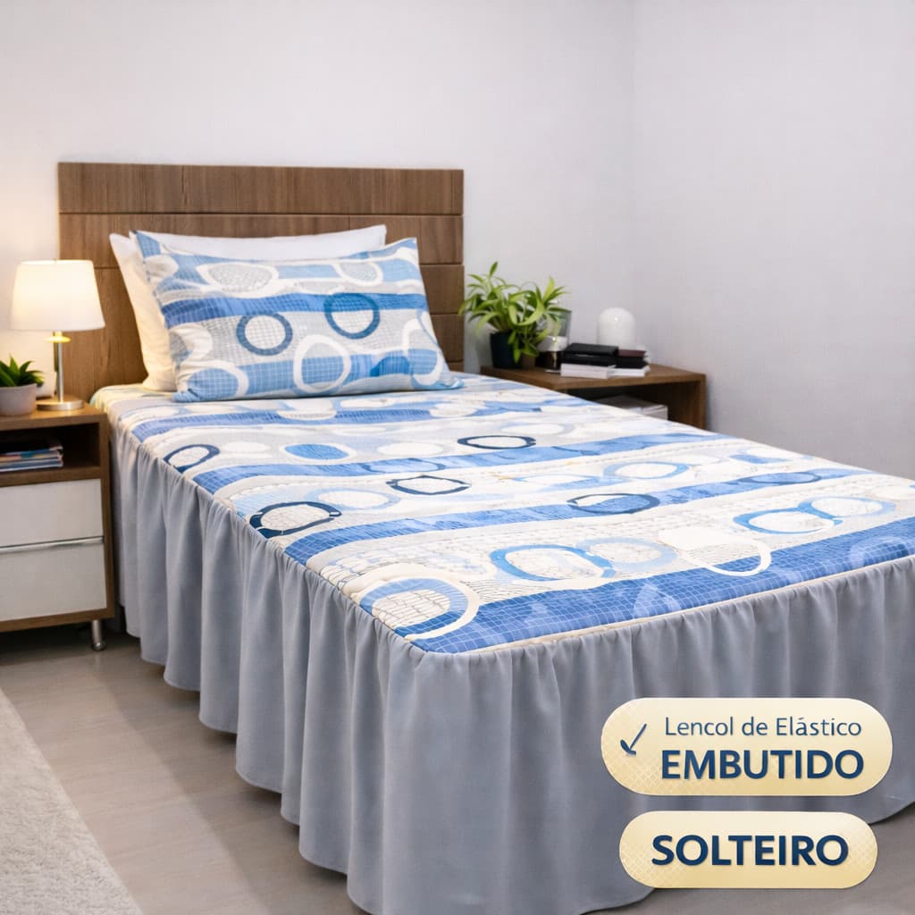 colcha de cama solteiro com babado e lençol de elástico embutido 1 fronha percal 400 fios cama sempre arrumada