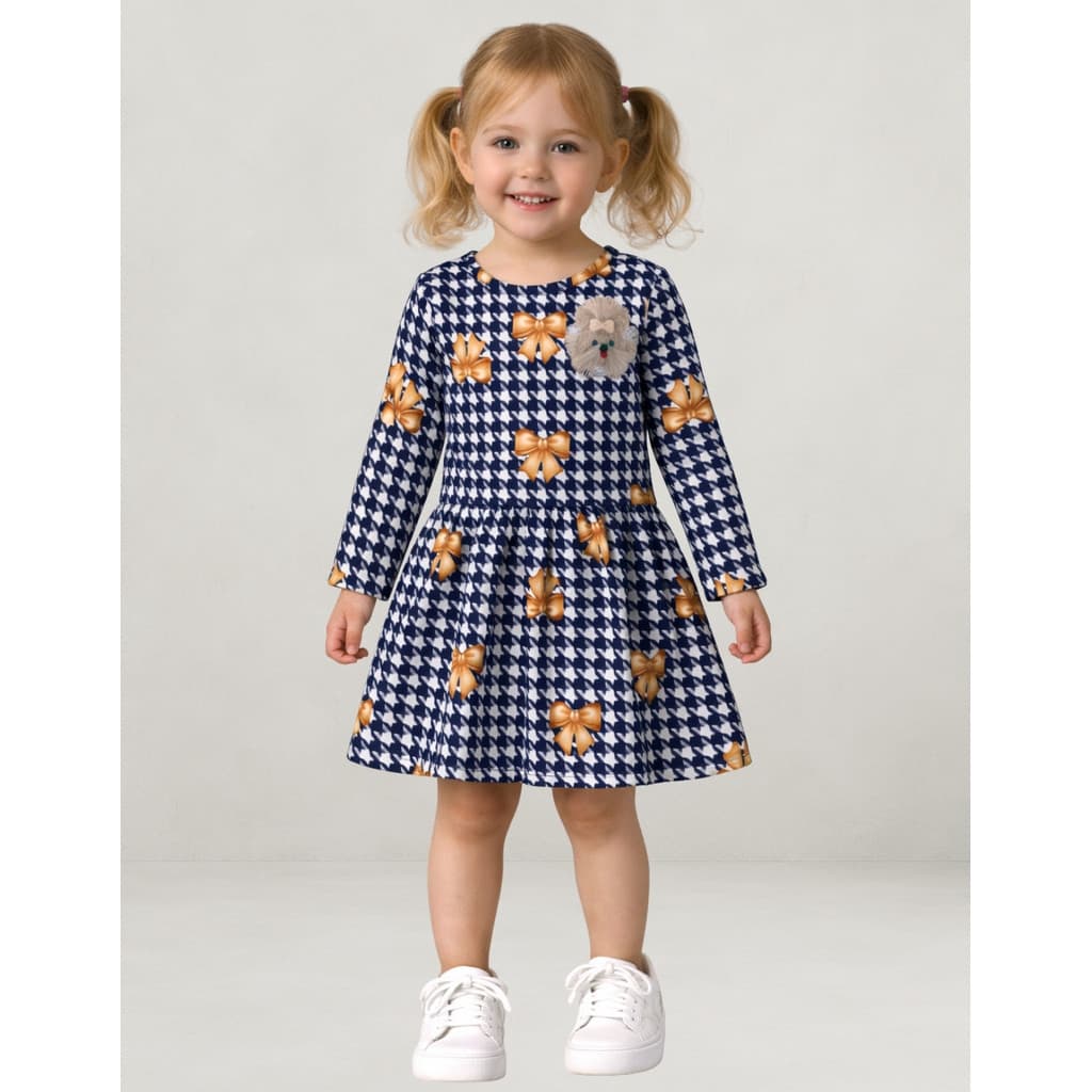 Vestido Infantil Menina Azul Marinho Laços Manga Longa Confortável e Sofisticado Kyly 1001527