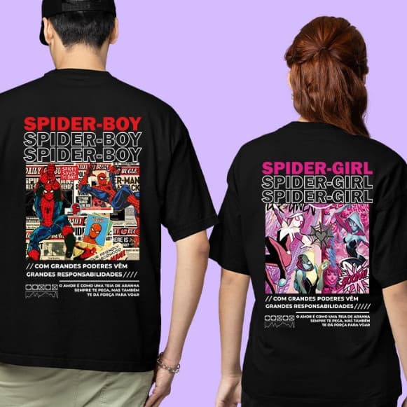 Kit 2 Camisetas Casal Onlyone - Spider-Man e Spider-Girl Geek (Malha 30.1 Premium)