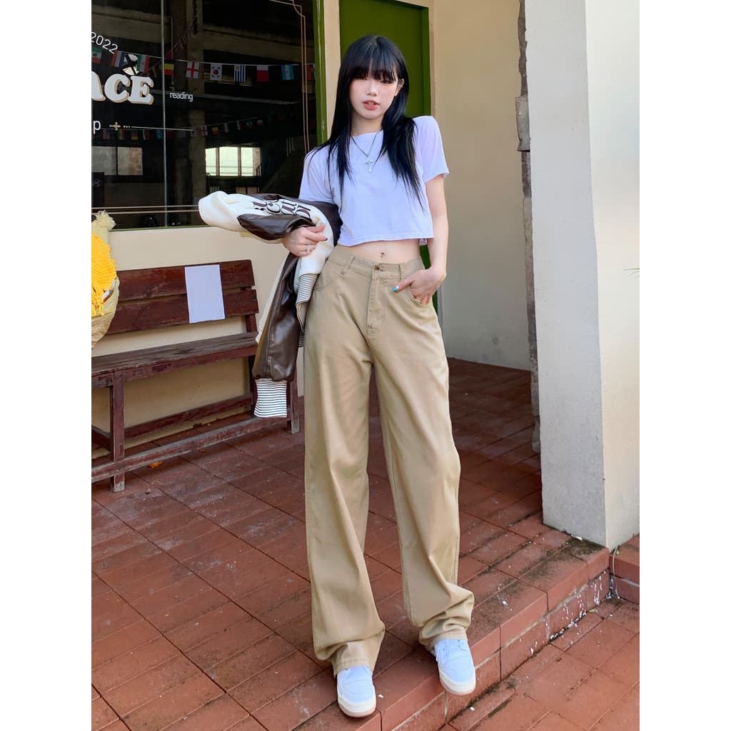 VFVK Calça Jeans Cáqui Feminina 2026 Novo Estilo Design Nicho Calça Casual Reta Alta Alongada