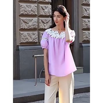 Lixin Desconto Feminino duas séries de marca de três linhas retirada gabinete moda renda gola plana camisa de manga curt