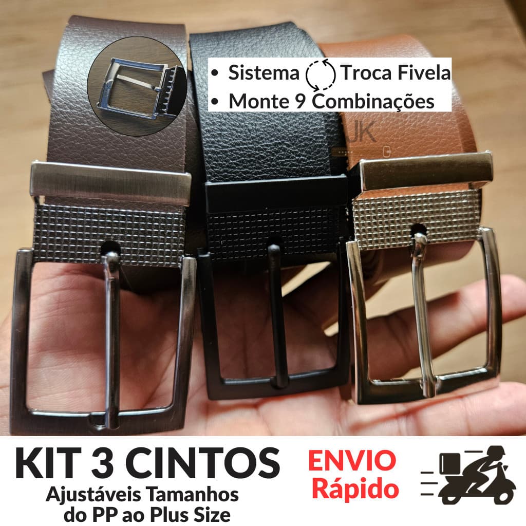 Kit 3 Cintos Masculino Social 3.35cm do PP ao Plus Size Ajustavel Troca Fivela