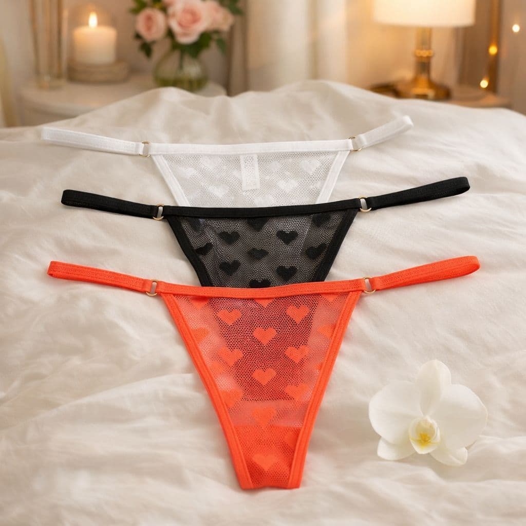 Kit 3 Calcinha Fio Dental Tule com Regulagem Renda Coração Sensual Confortável Feminina