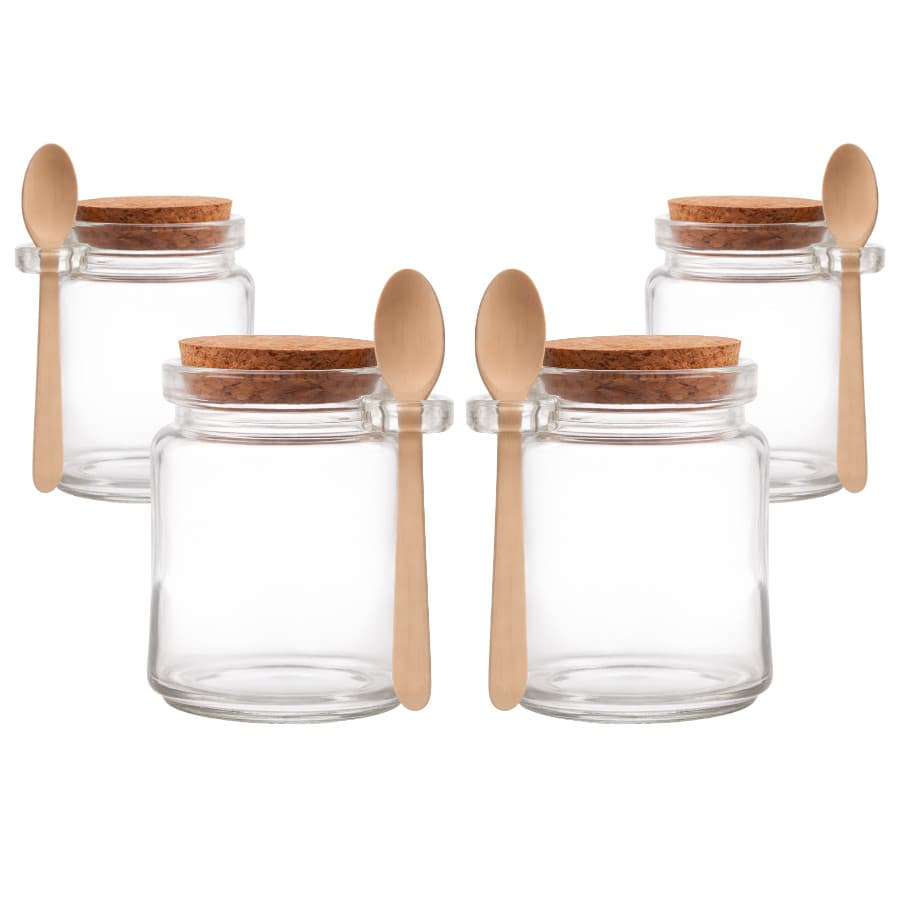 Kit 4 Porta Pote Tempero Saleiro Vidro com Colher de Bambu e Tampa Rolha 200ml