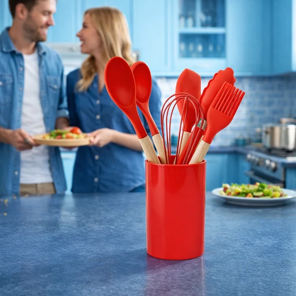 Jogo utensilios cozinha 7 pecas silicone vermelho cabo madeira concha espatula fouet pegador de achadinhos