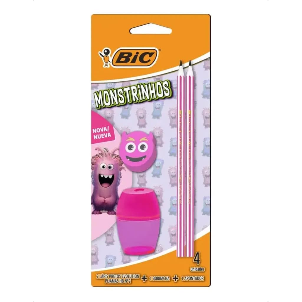 Kit Escolar Bic Monstrinhos 2 Lápis + Apontador + Borracha