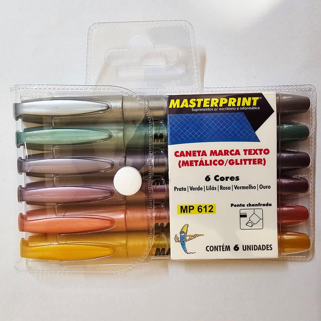 Kit Marca Texto Masterprint Metálico Com Glitter 6 Cores