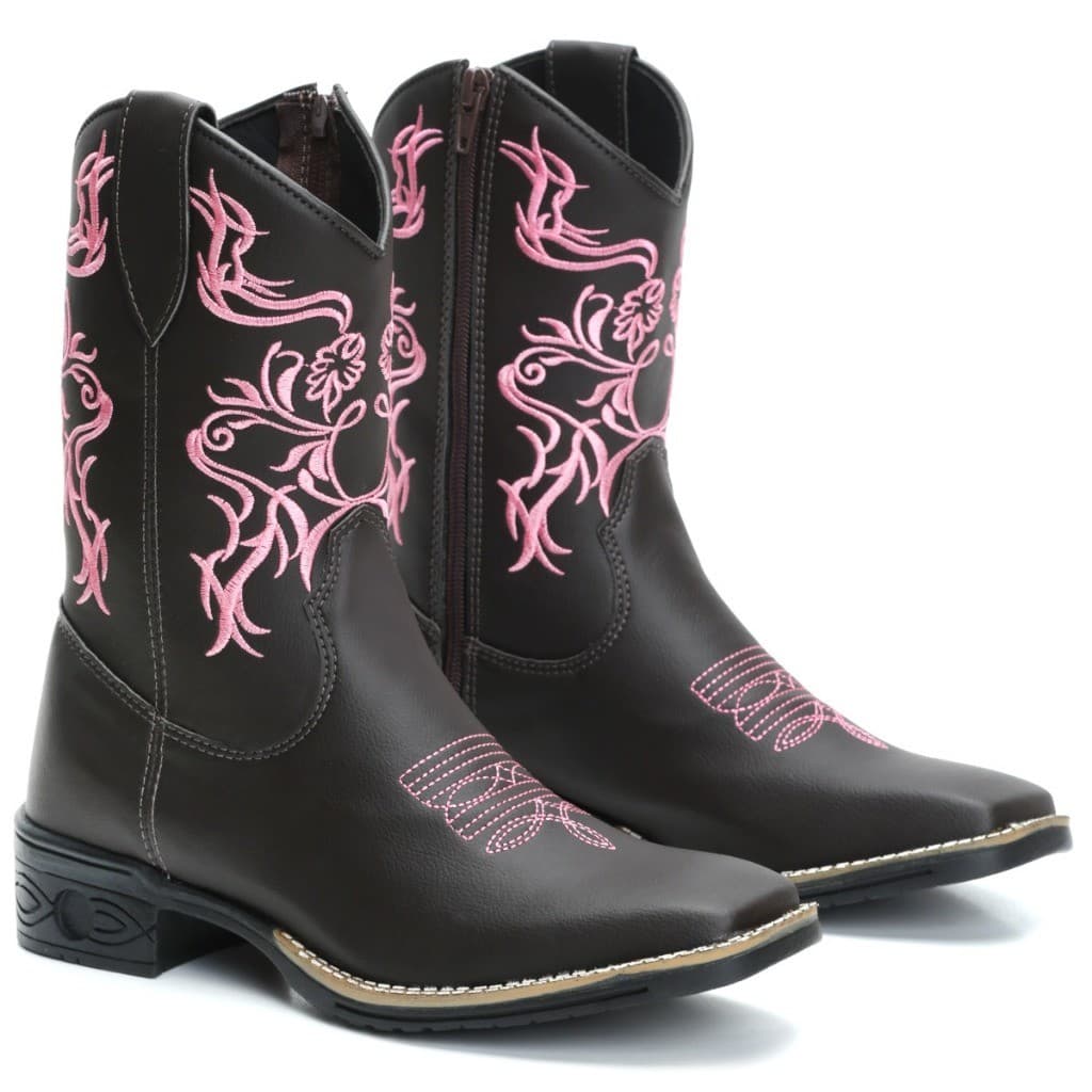 Bota Botina Texana Country Feminina Cano Medio Bico Quadrado Marrom Bordado