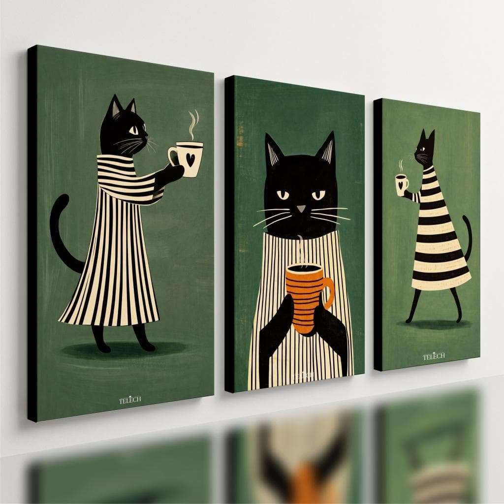 Kit 3 Quadro Decorativo Gato Café Cozinha Moderno Xícara
