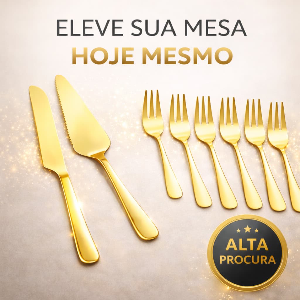 Conjunto 8 Peças Talheres Sobremesa Dourado Inox Luxo Pá Faca Garfos Para Bolo Pizza Torta