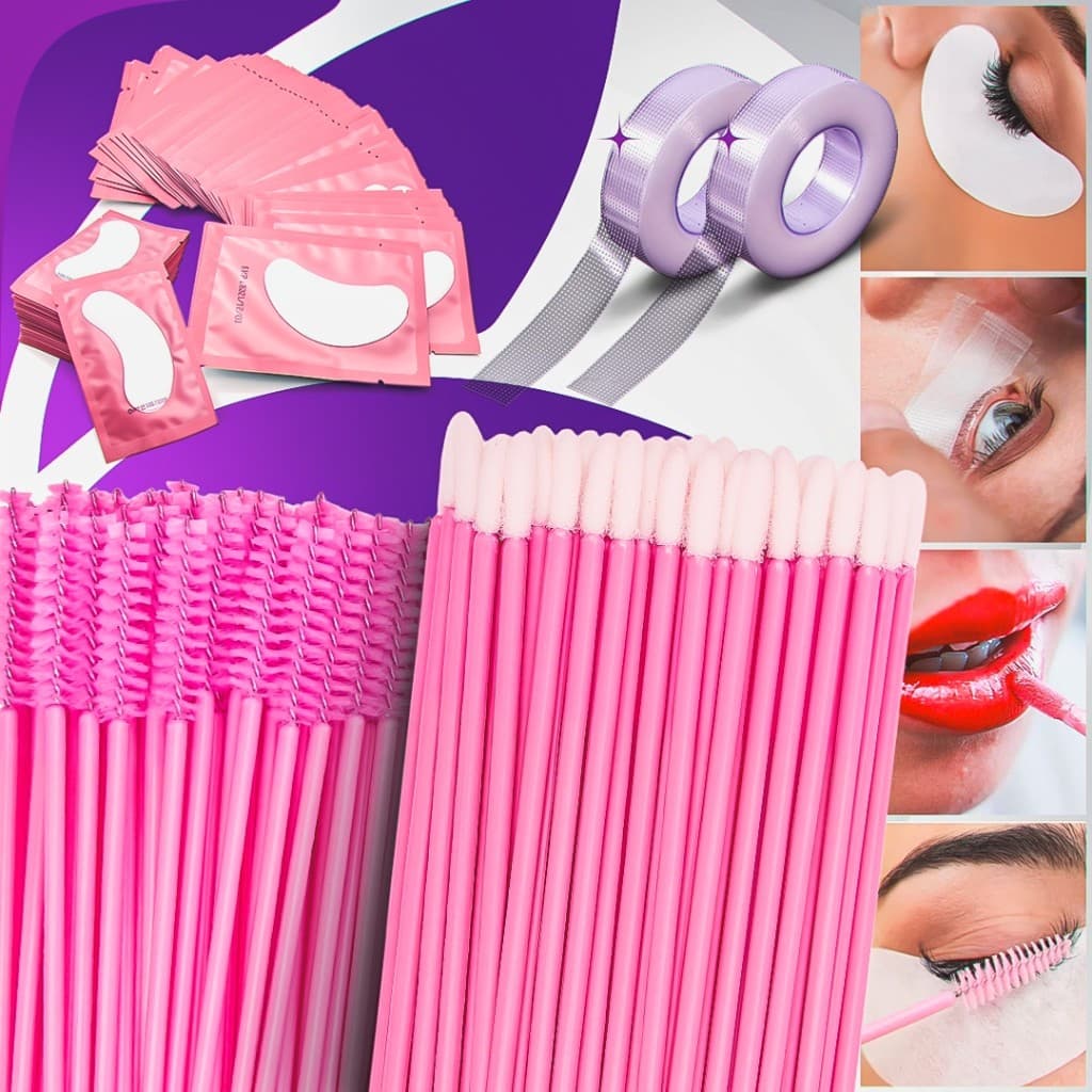 Kit Alongamento De Cílios - 50 Pads + 50 Escovinhas + 50 Aplicadores De Batom + 2 Transpores