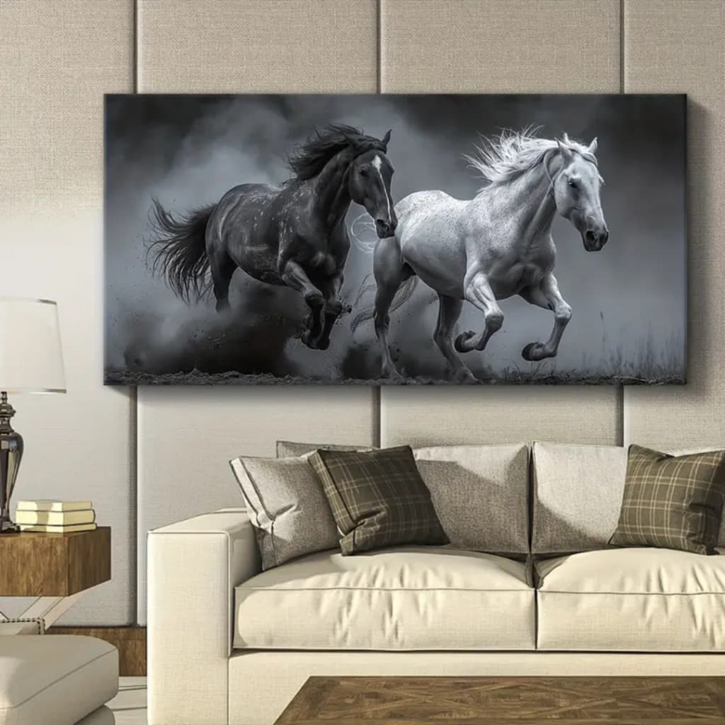 Quadro Decorativo 80x110cm Cavalo Preto e Branco Decoração de Parede Hall Luxo Sala Quarto MDF