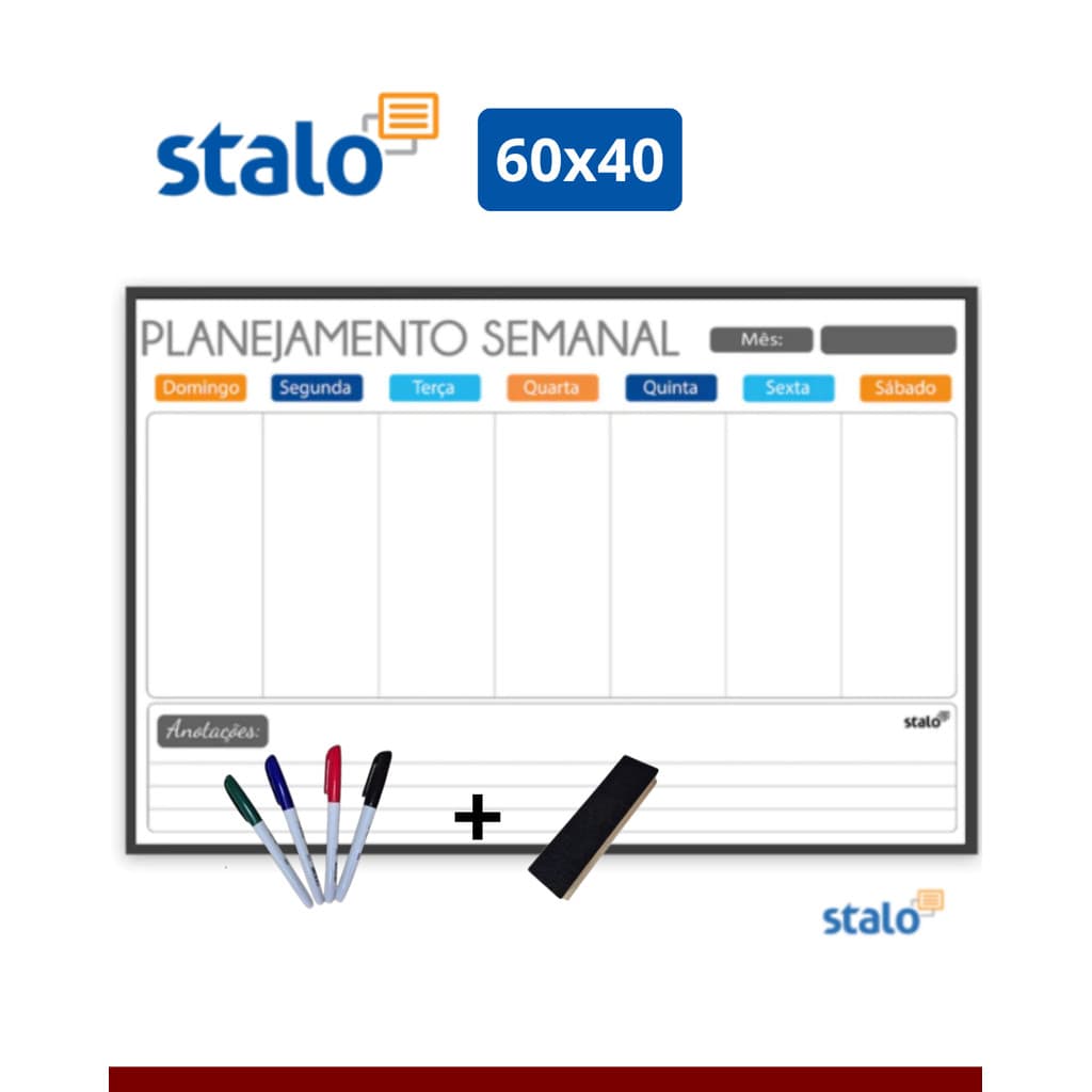 Lousa Branca Planner Semanal Organizador de Rotina 60x40