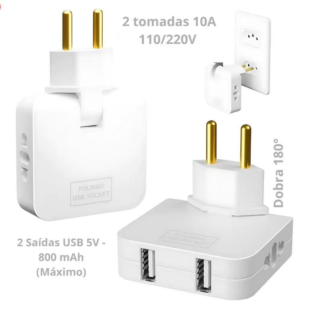 Tomada Adaptador Benjamin Dobrável 10A com 04 Entradas Duplo USB 10A