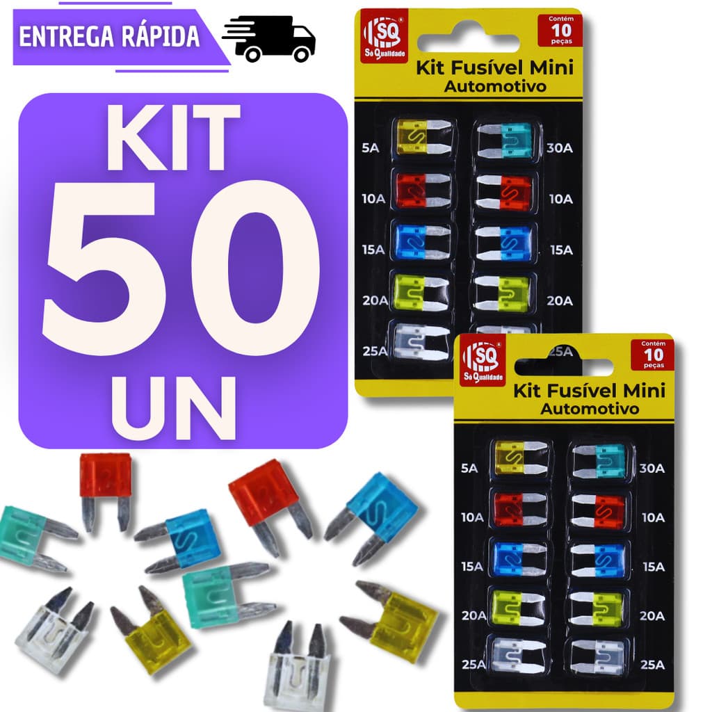 Kit Cartela 50 Fusível Lâmina Automotivo Mini 5A 10A 15A 20A 25A Proteção Veicular Para Carro Moto
