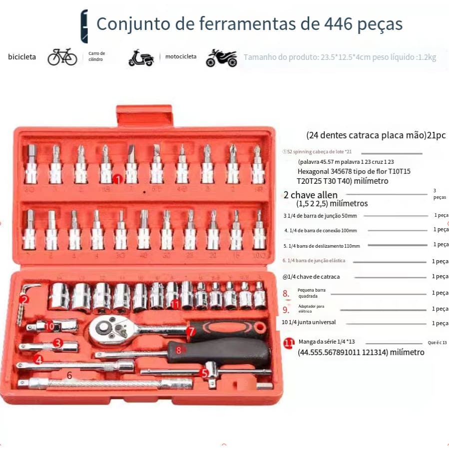 Kit De Ferramentas 46 Peças Jogo De Soquete Aço Crv 1/4 Catraca Chave Allen C/ Maleta