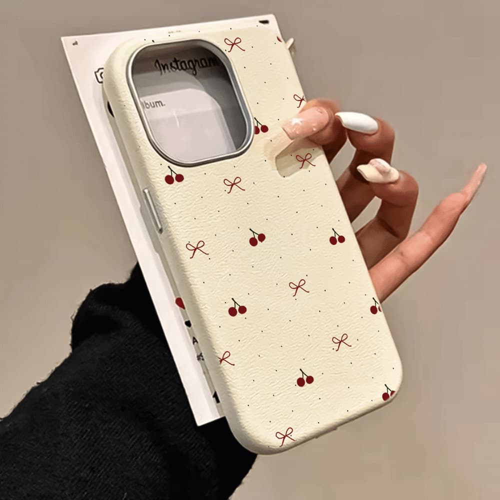 Capa Branca Capinha Coruro Para IPhone 13 11 12 16 15 14 Normal Plus Pro Max Couro Falso Cereja Arcos Caso De Telefone