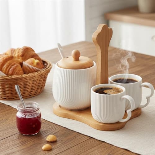 Jogo De Xícaras Café Com Açucareiro E Suporte Bambu Branco