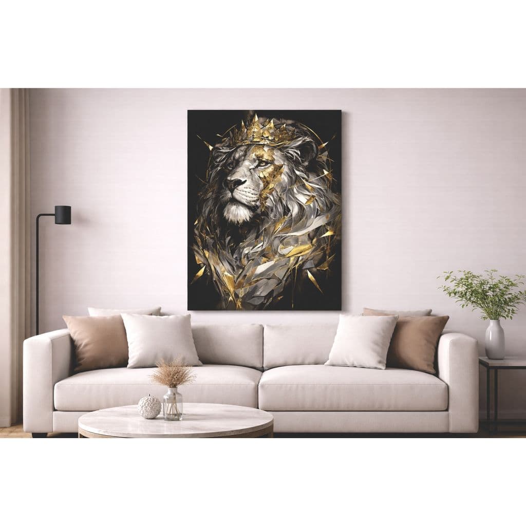 Quadro Parede Decorativo 1 Peça 80x110cm Leão Rei Ouro Decoração Hall Luxo Sala Quarto MDF