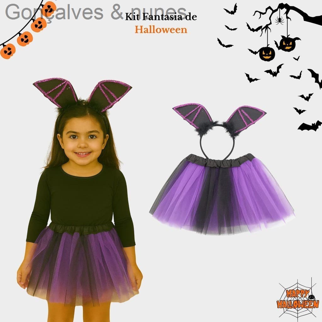(V)Fantasia Infantil Halloween Roxa com Tiara Orelhas de Morcego e Saia 30cm – Kit FestaEGRY