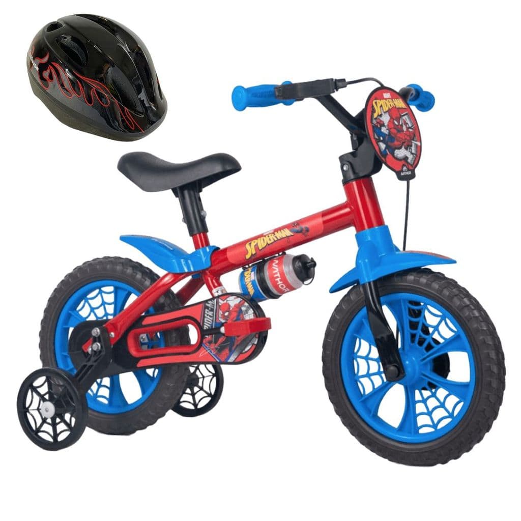 Bicicleta com Rodinha aro 12 Homem Aranha com Capacete Preto