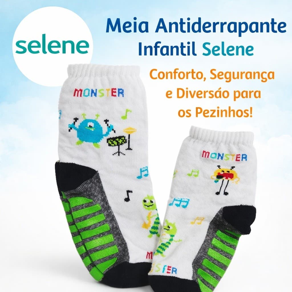 Meia Antiderrapante Infantil Selene Monster – Divertida, Confortável e Segura!