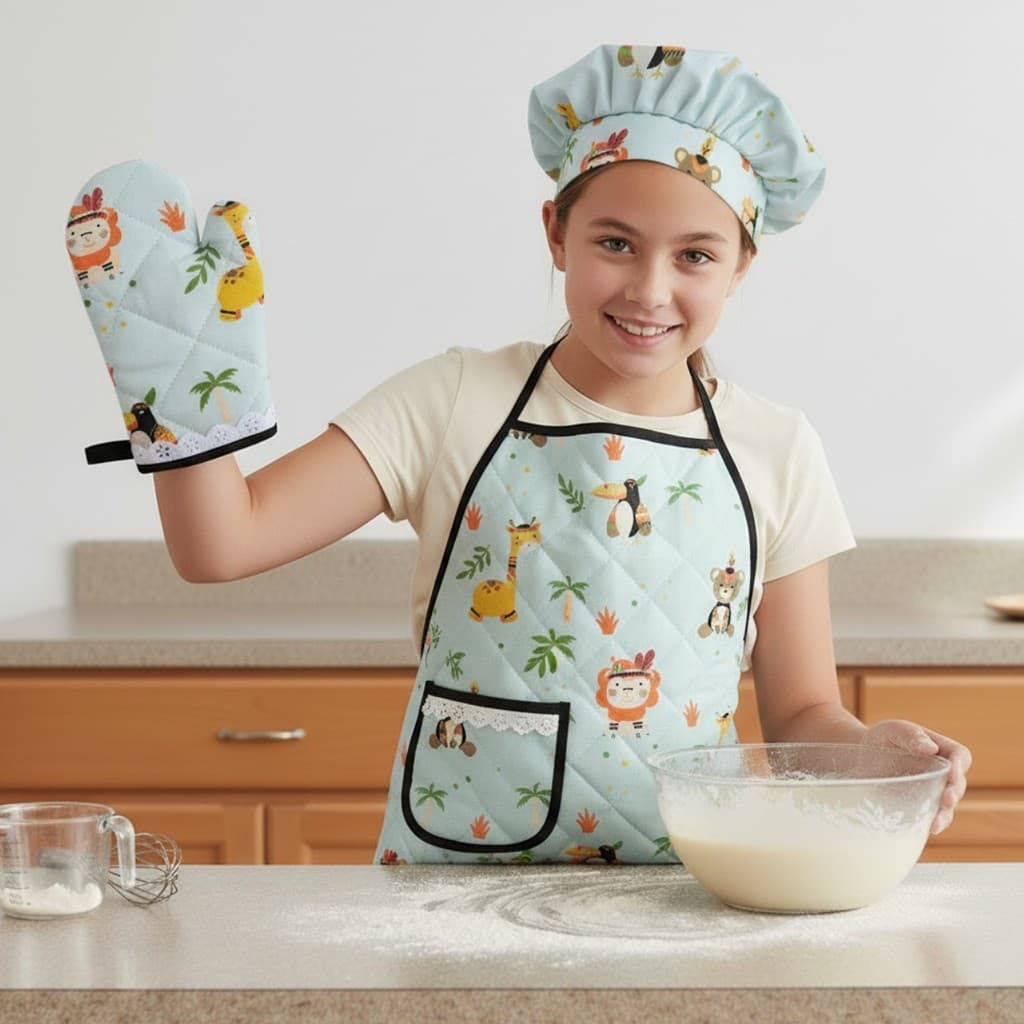 Kit Avental Juvenil de Cozinha Infantil Kids com Touca e Luva Estampado Impermeável