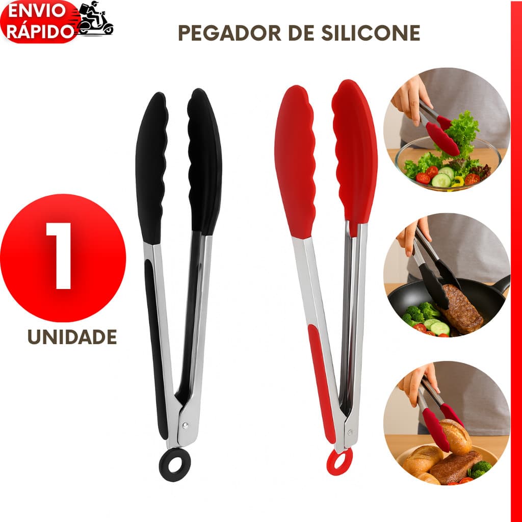 Pegador de Silicone e Inox Com Pé de Apoio 34CM Para Carne Churrasco Salada Cozinha Universal