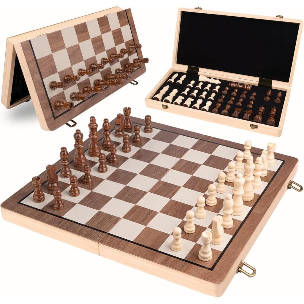 Conjunto De Xadrez De Madeira De 15.5 " , Tabuleiro Magnético Para Adultos E Crianças , Viagem Dobrável Com 2 Peças Extr